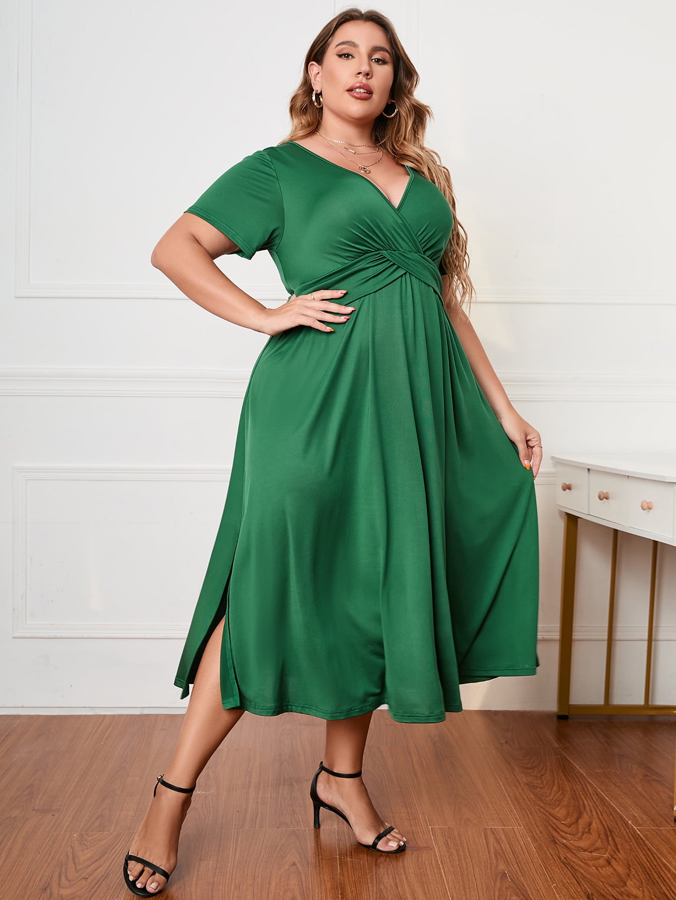 Plus Size Short Sleeve Surplice Neck Midi Dress - The Beaucoup Home