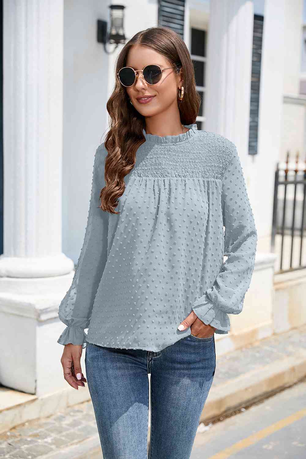 Smocked Mock Neck Swiss Dot Top - The Beaucoup Home