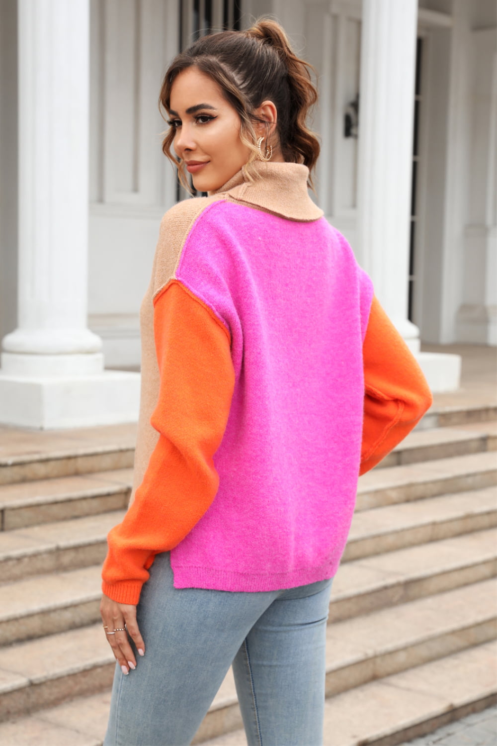 Double Take Color Block Turtleneck Slit Sweater - The Beaucoup Home