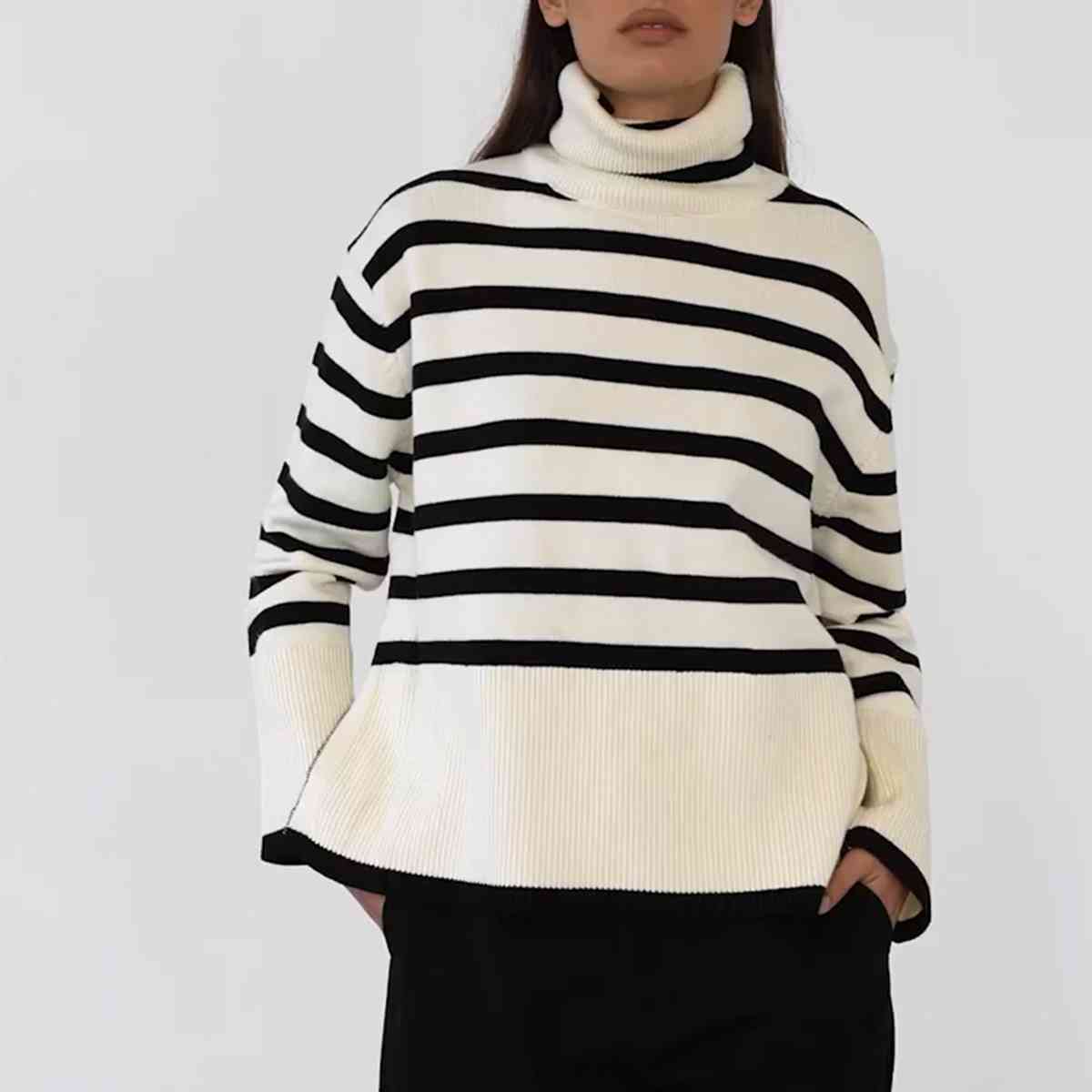 Striped Turtleneck Flare Sleeve Sweater - The Beaucoup Home