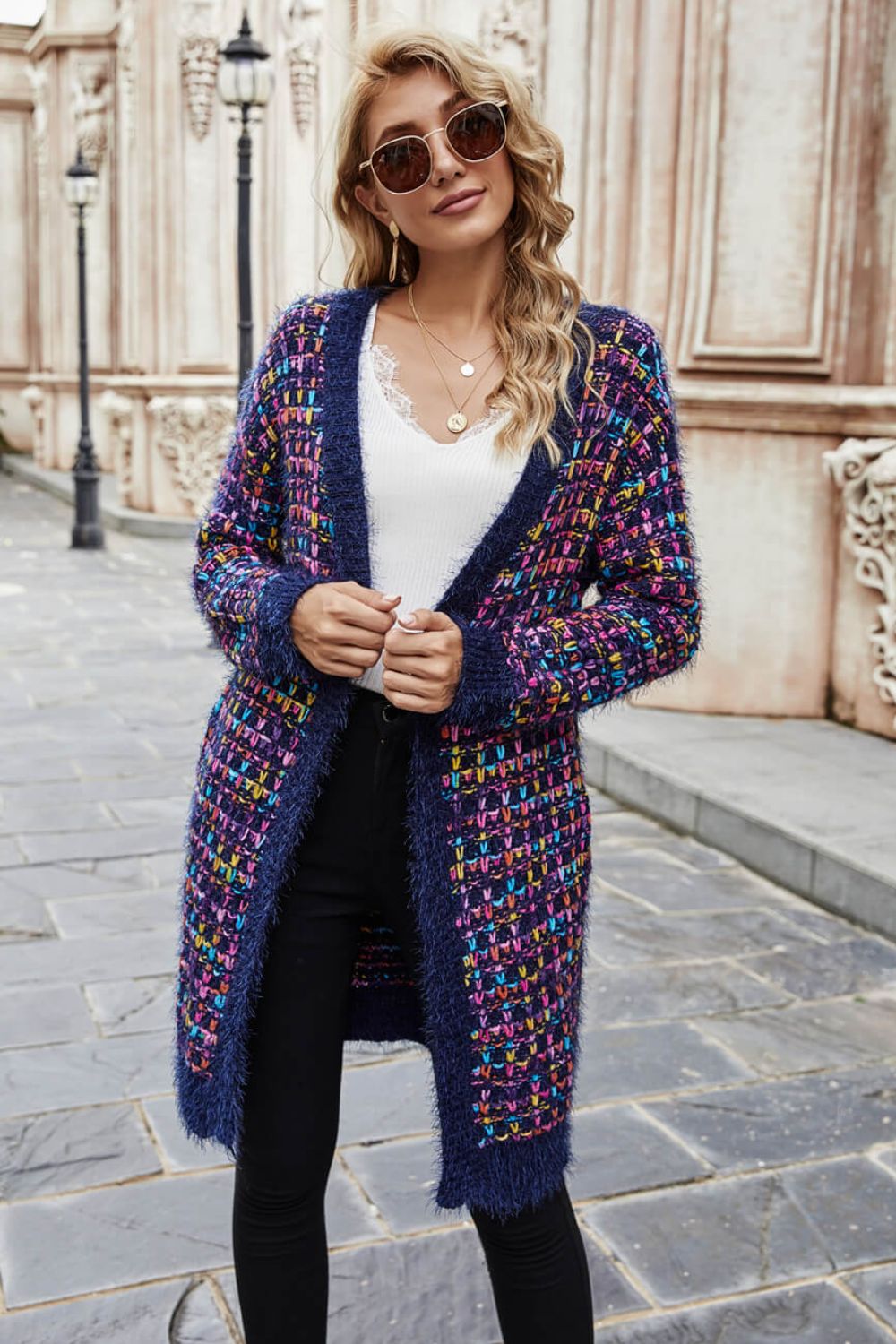 Multicolored Ribbed Trim Open Front Cardigan with Pockets - The Beaucoup Home