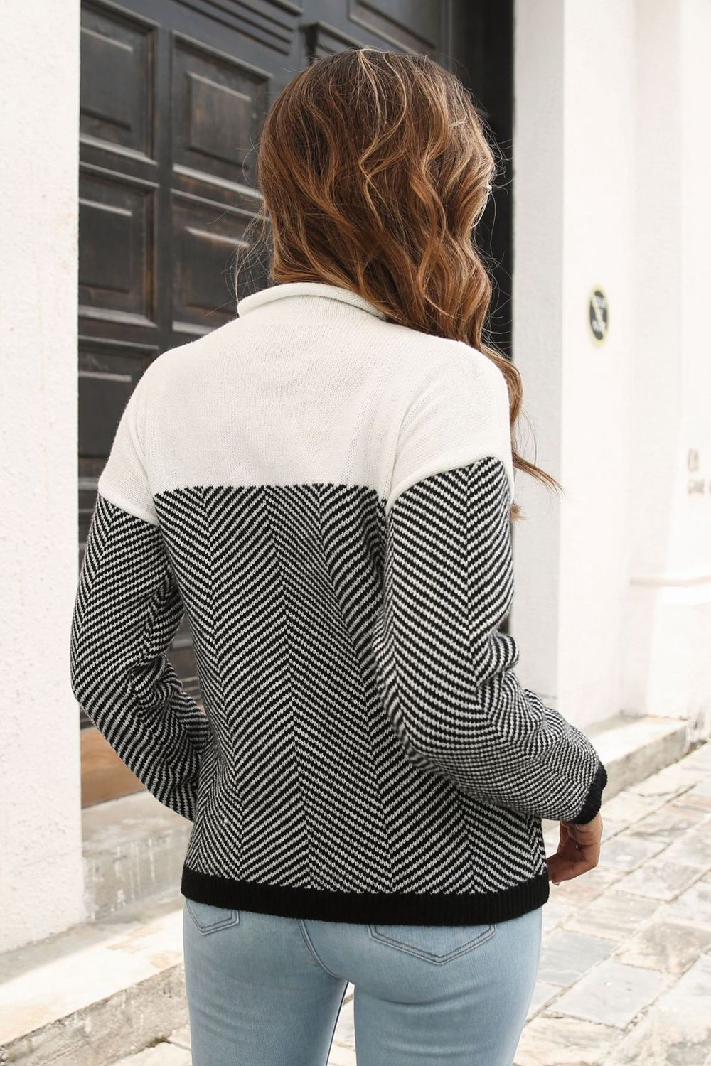 Two-Tone Mock Neck Dropped Shoulder Pullover Sweater - The Beaucoup Home