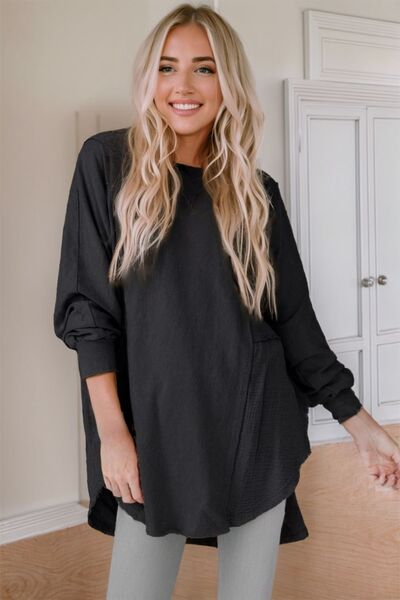 Contrast Texture Round Neck Long Sleeve Blouse - The Beaucoup Home