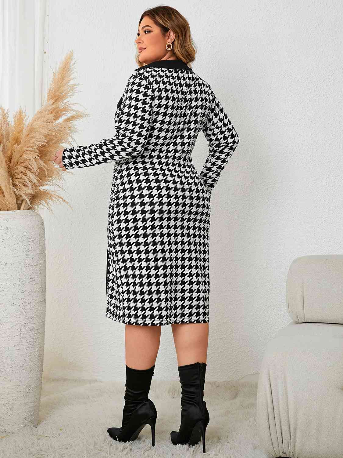 Plus Size Houndstooth Long Sleeve Slit Dress - The Beaucoup Home