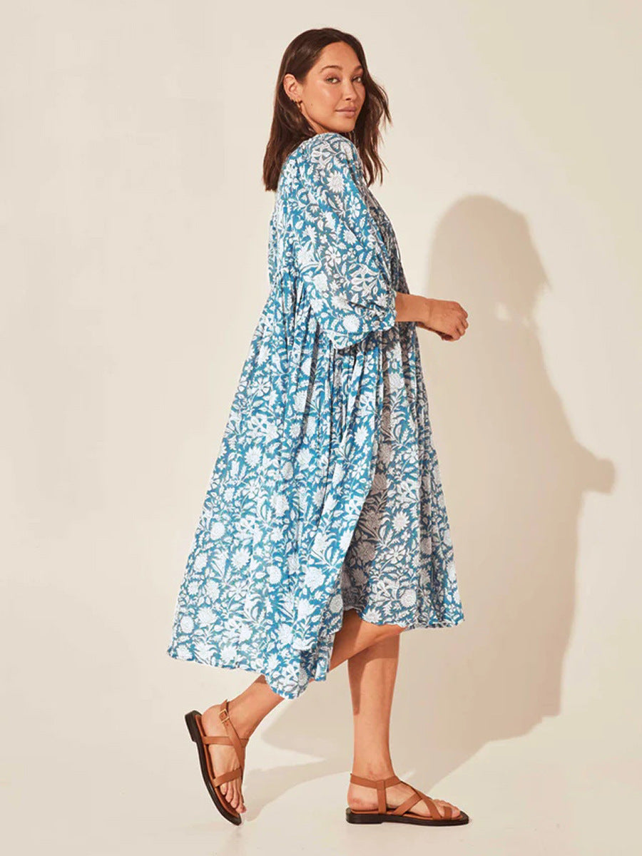 Floral Tie Neck Lantern Sleeve Dress - The Beaucoup Home