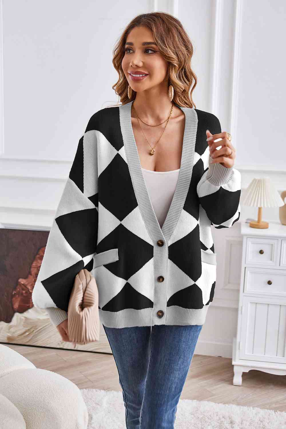 Geometric Lantern Sleeve Cardigan with Pockets - The Beaucoup Home