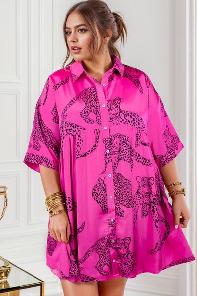 Plus Size Tiger Printed Button Up Half Sleeve Dress - The Beaucoup Home