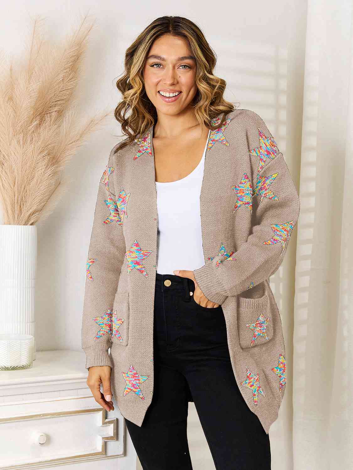 Star Pattern Open Front Cardigan with Pockets - The Beaucoup Home