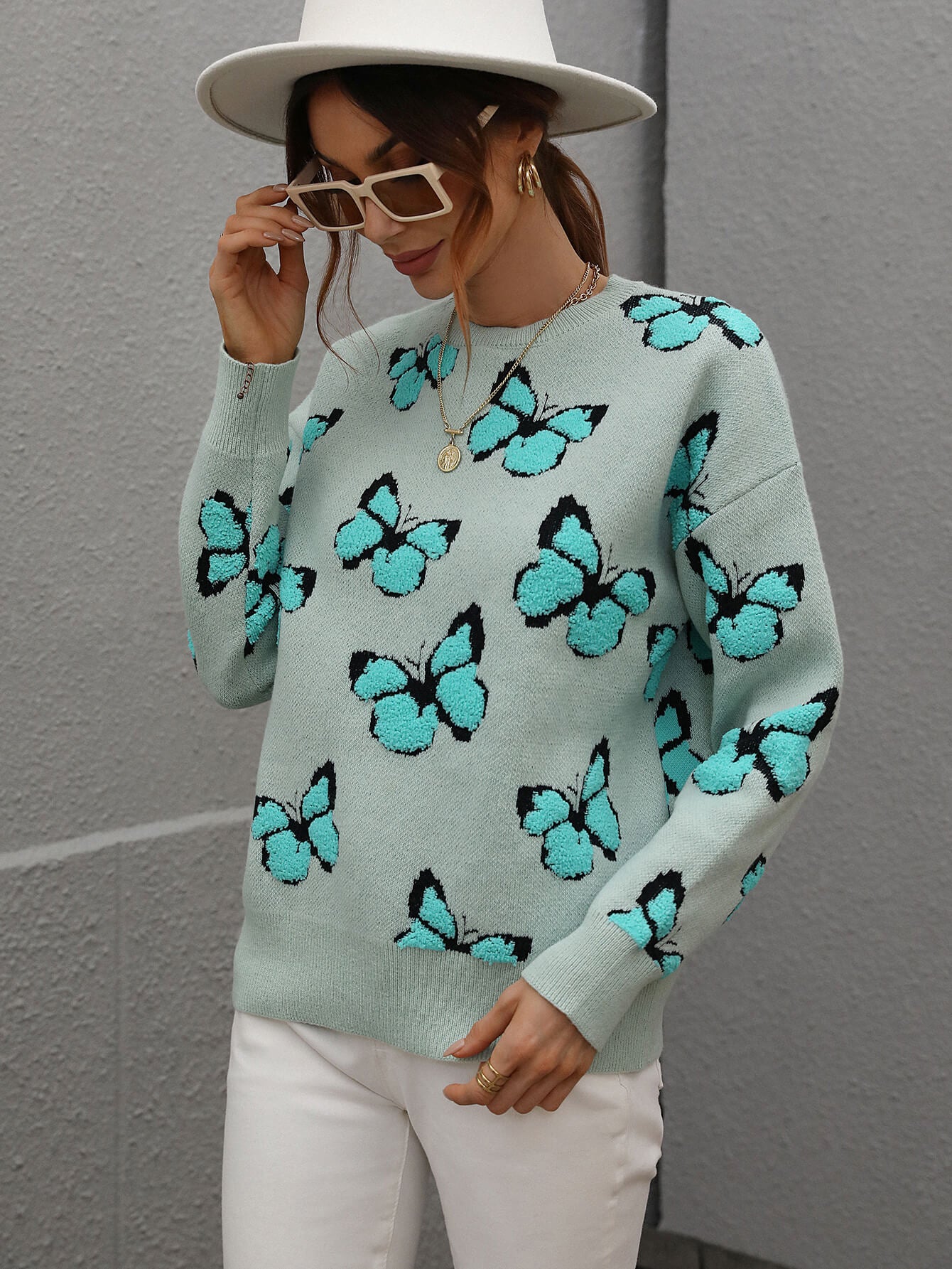 Woven Right Butterfly Dropped Shoulder Crewneck Sweater - The Beaucoup Home