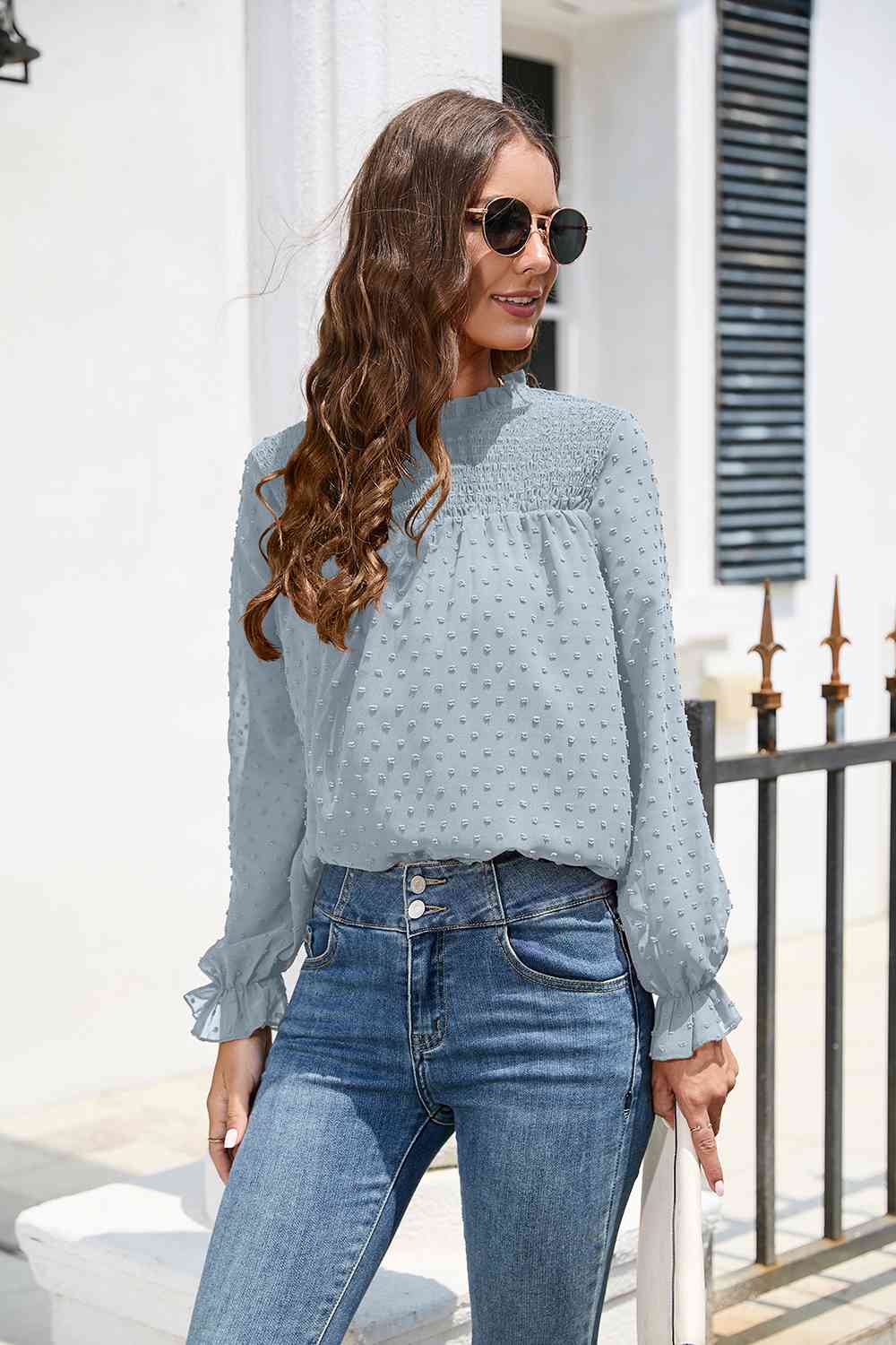 Smocked Mock Neck Swiss Dot Top - The Beaucoup Home