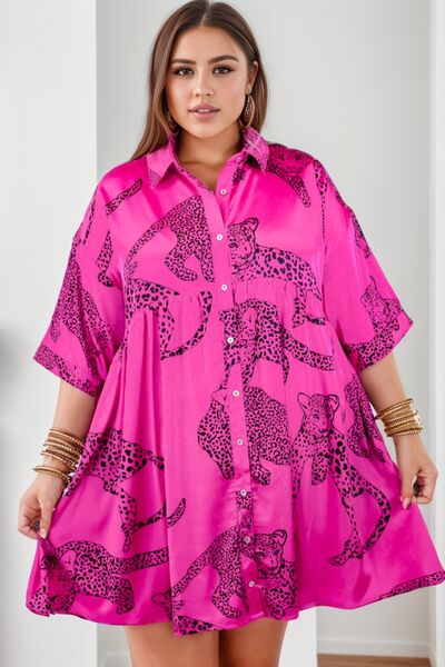 Plus Size Tiger Printed Button Up Half Sleeve Dress - The Beaucoup Home