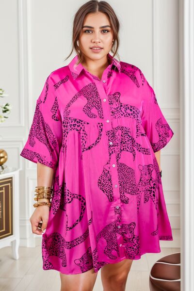 Plus Size Tiger Printed Button Up Half Sleeve Dress - The Beaucoup Home