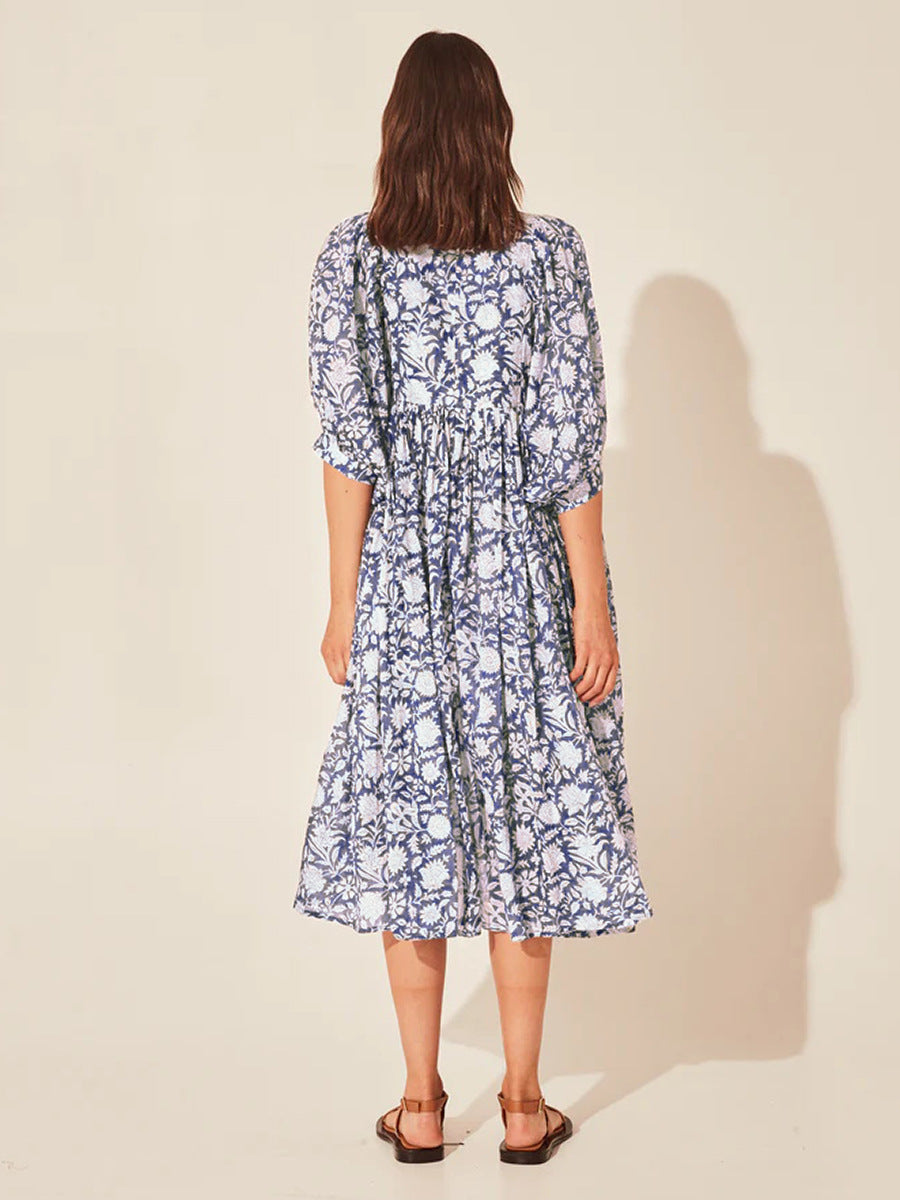 Floral Tie Neck Lantern Sleeve Dress - The Beaucoup Home