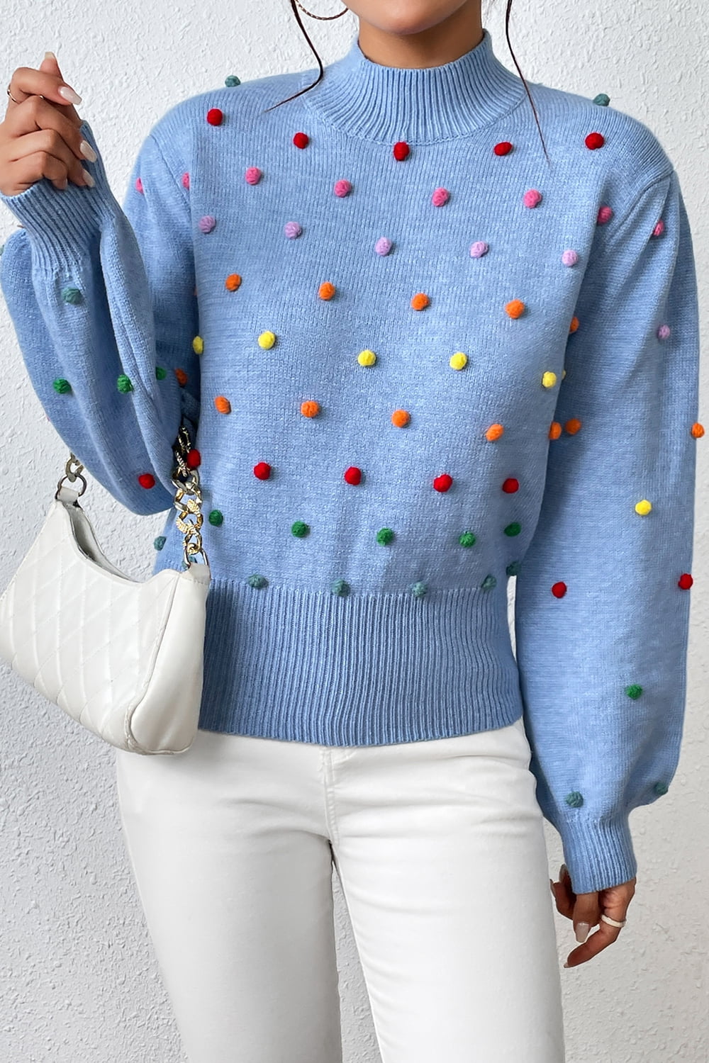 Pom-Pom Trim Mock Neck Long Sleeve Pullover Sweater - The Beaucoup Home