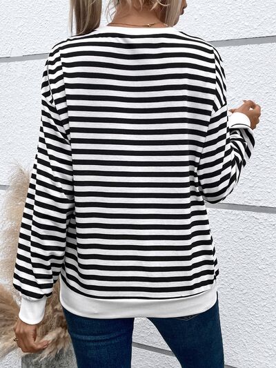 Heart Patch Striped Round Neck Long Sleeve Sweatshirt - The Beaucoup Home