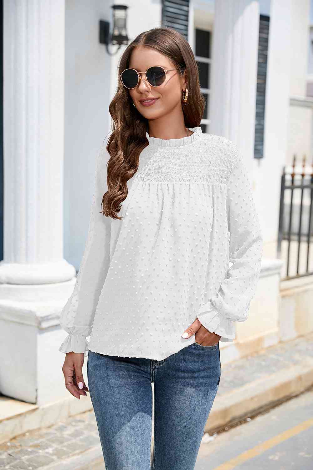 Smocked Mock Neck Swiss Dot Top - The Beaucoup Home