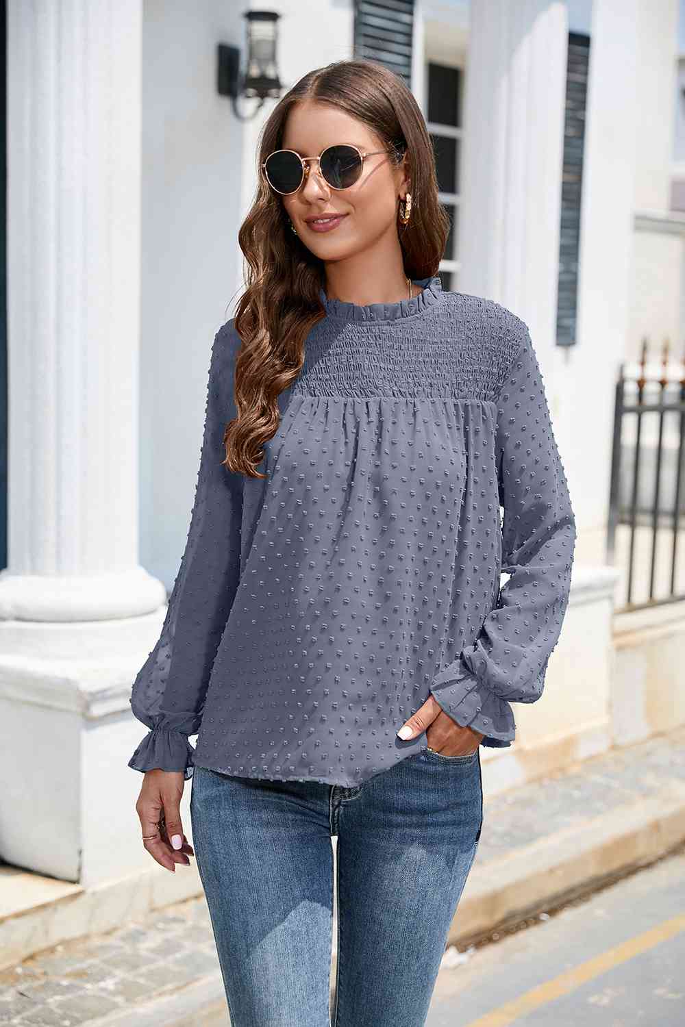 Smocked Mock Neck Swiss Dot Top - The Beaucoup Home