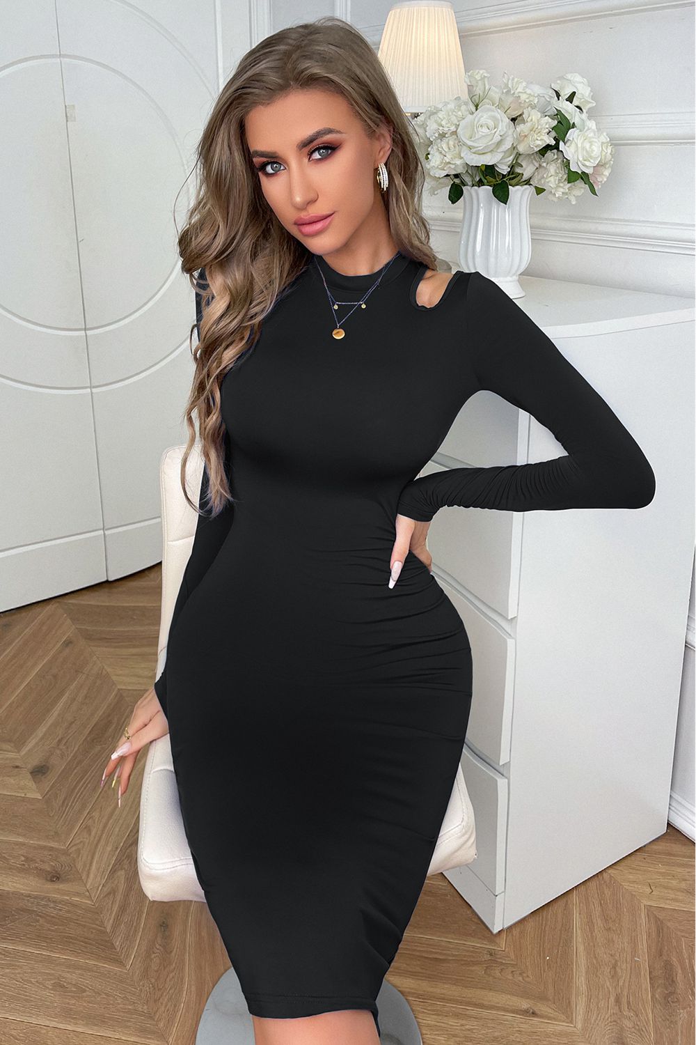 Cutout Long Sleeve Pencil Dress - The Beaucoup Home