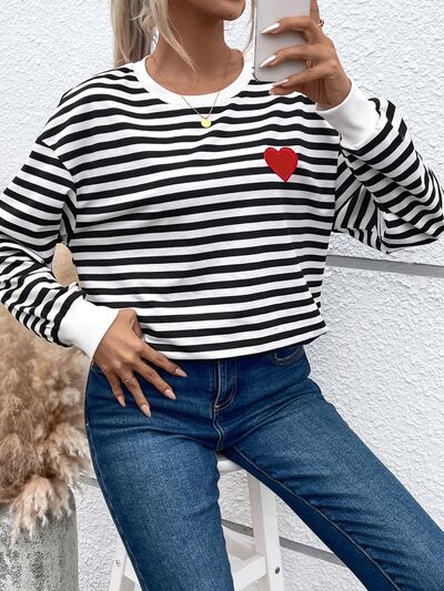 Heart Patch Striped Round Neck Long Sleeve Sweatshirt - The Beaucoup Home