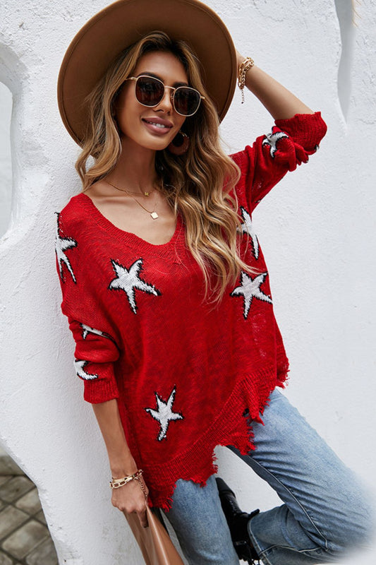 Star Pattern Distressed Sweater - The Beaucoup Home