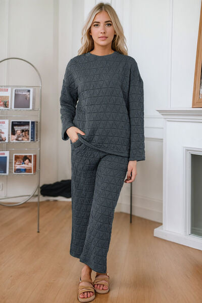 Round Neck Top and Pocketed  Pants Lounge Set - The Beaucoup Home