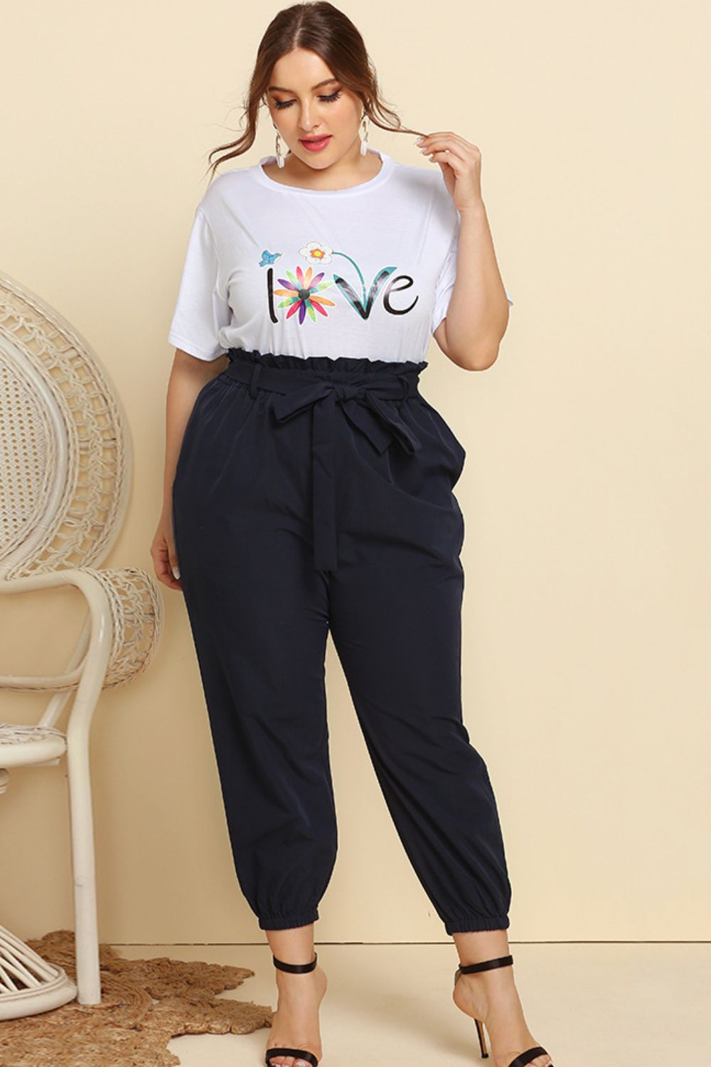 Graphic Tee and Belted Paperbag Joggers Set - The Beaucoup Home