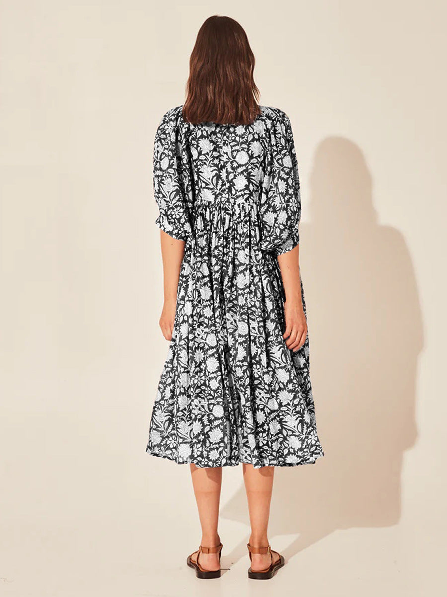 Floral Tie Neck Lantern Sleeve Dress - The Beaucoup Home