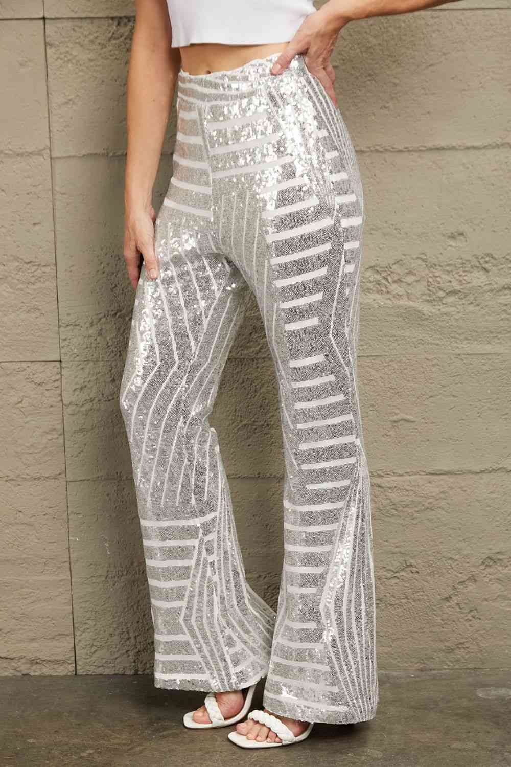 Double Take Sequin High Waist Flared Pants - The Beaucoup Home