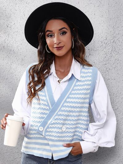 Striped Button Up V-Neck Sweater Vest - The Beaucoup Home