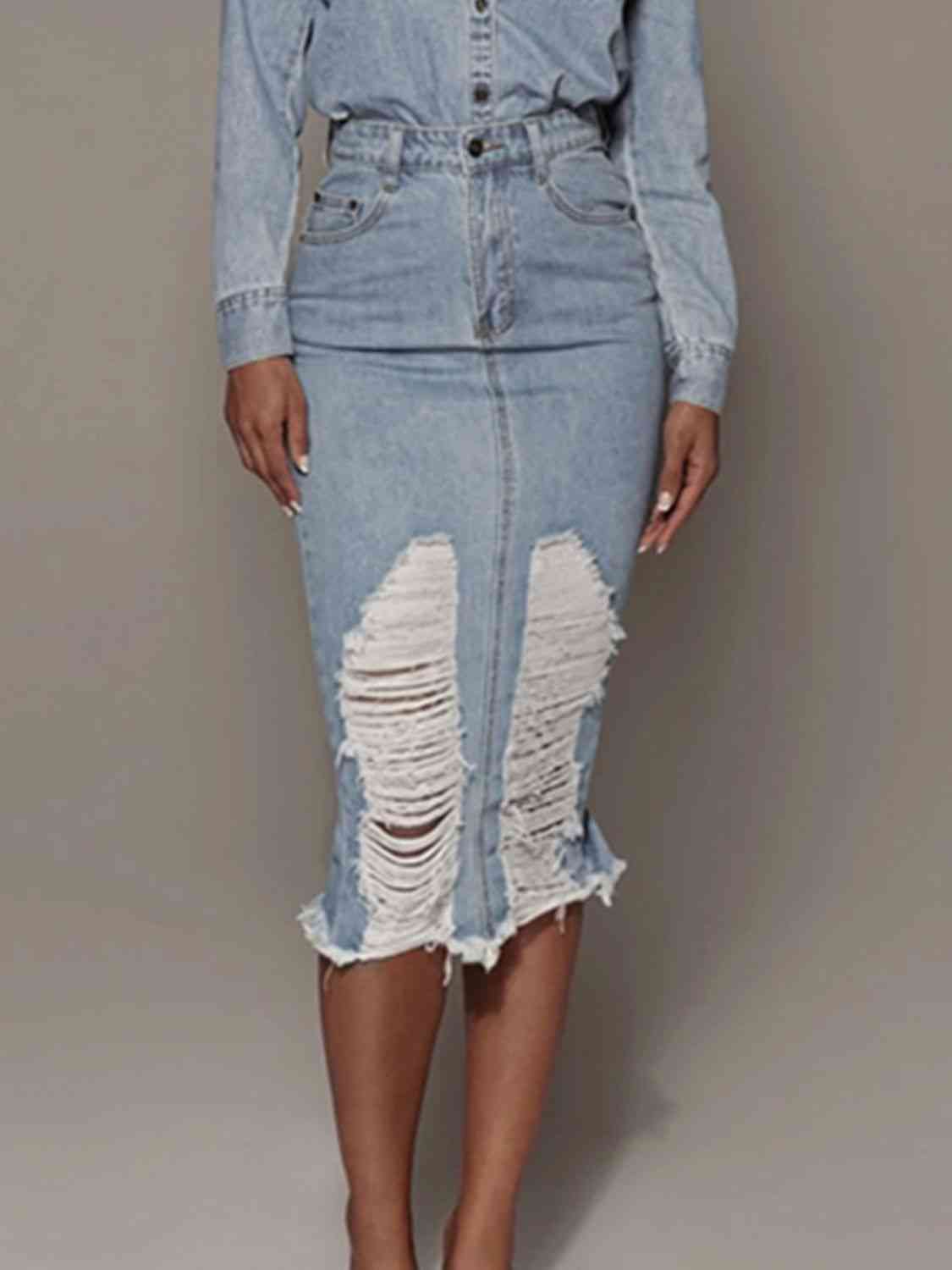 Distressed Slit Denim Skirt - The Beaucoup Home