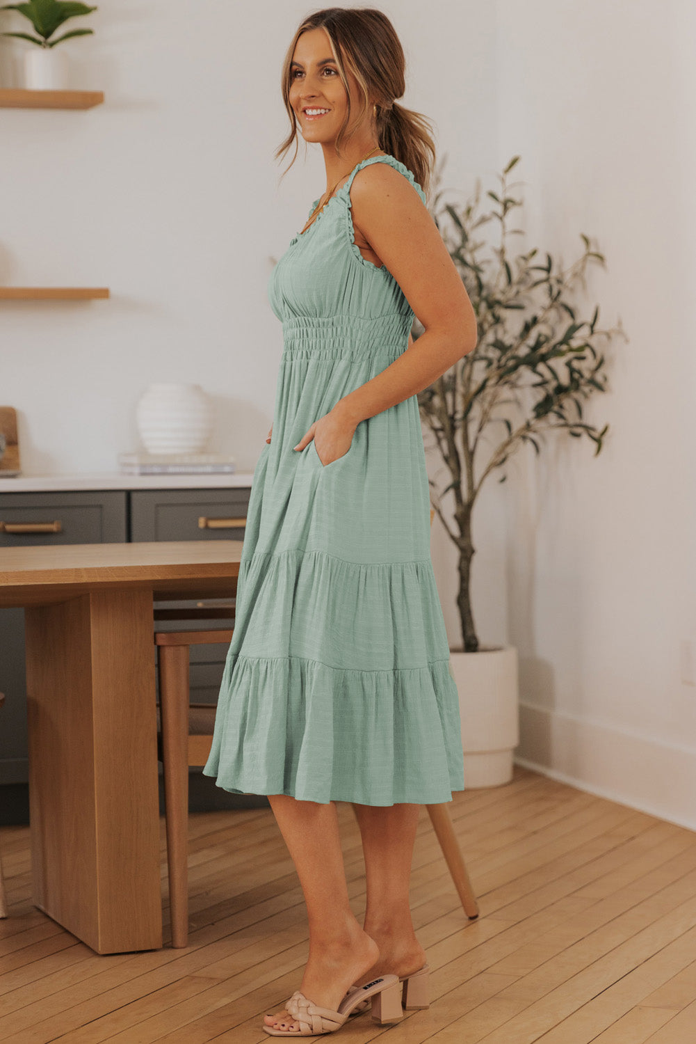 Smocked Waist Sleeveless Tiered Dress with Pockets - The Beaucoup Home