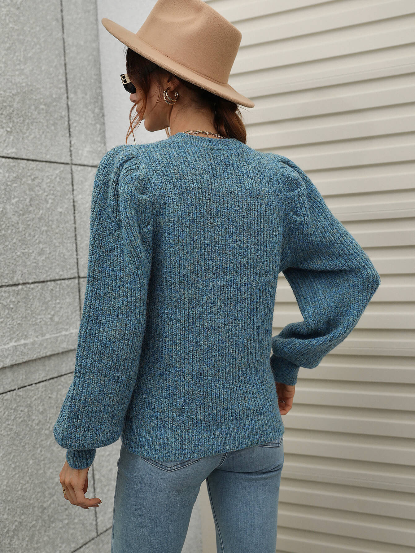 Woven Right Heathered Long Lantern Sleeve Rib-Knit Sweater - The Beaucoup Home