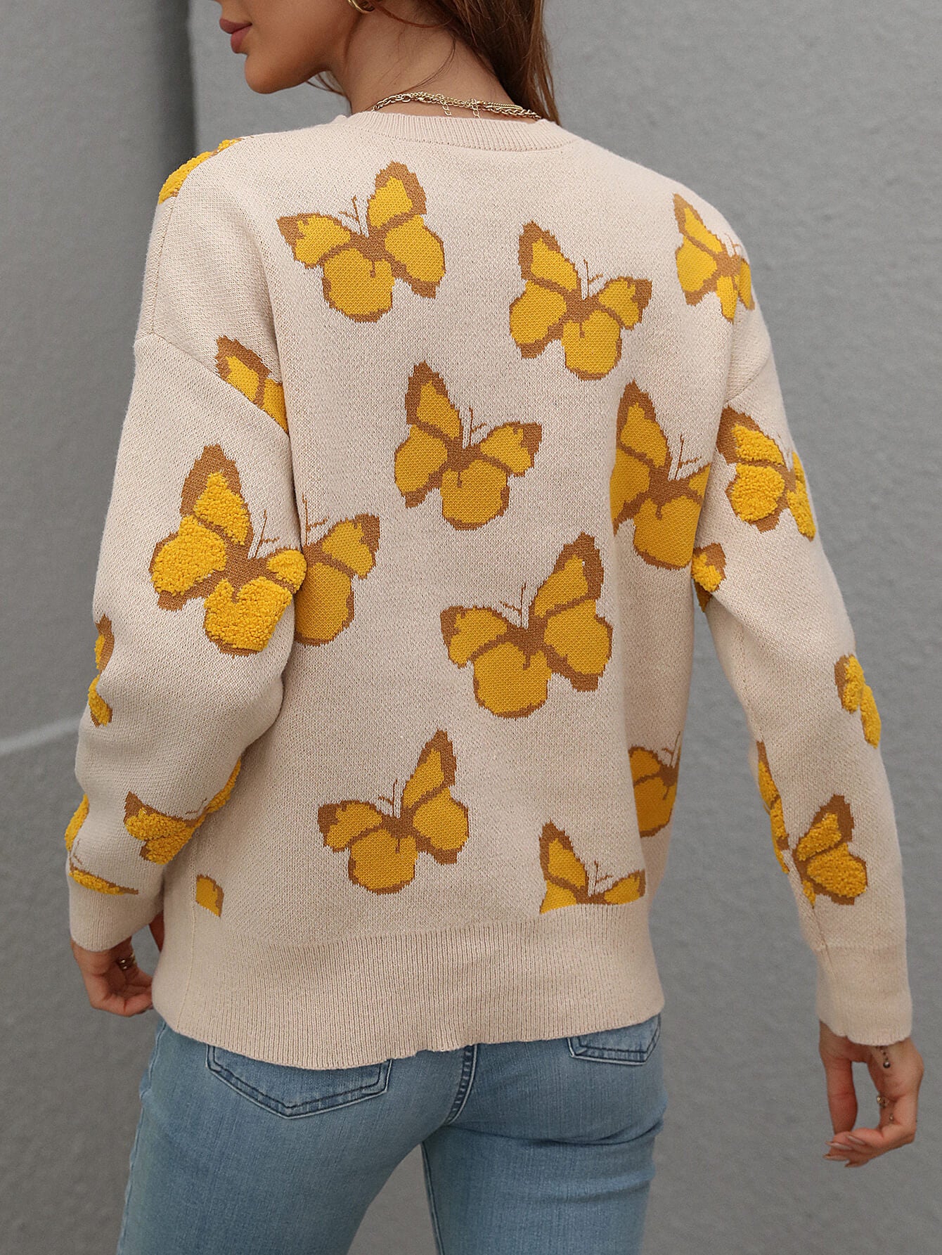 Woven Right Butterfly Dropped Shoulder Crewneck Sweater - The Beaucoup Home