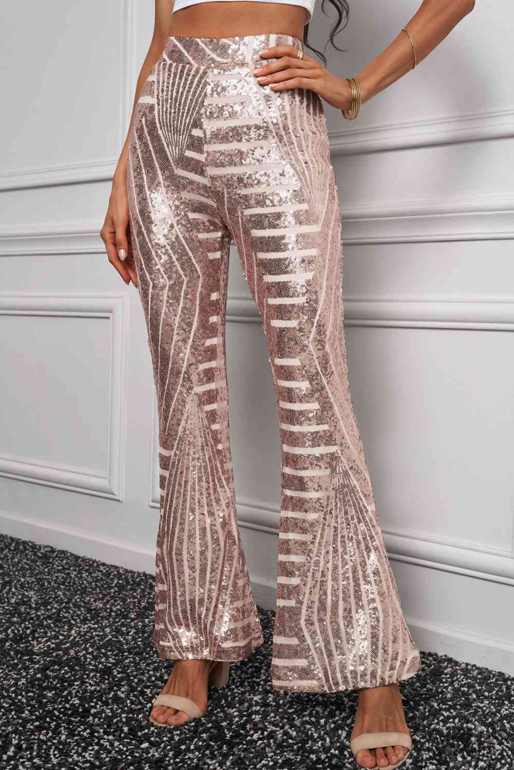 Double Take Sequin High Waist Flared Pants - The Beaucoup Home