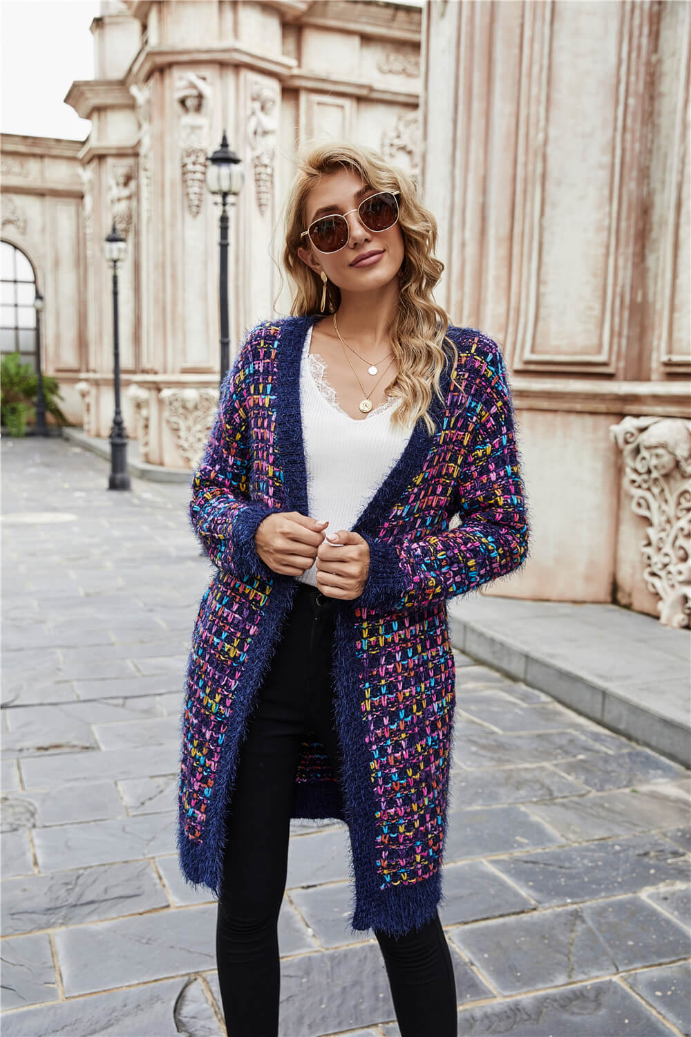 Multicolored Ribbed Trim Open Front Cardigan with Pockets - The Beaucoup Home