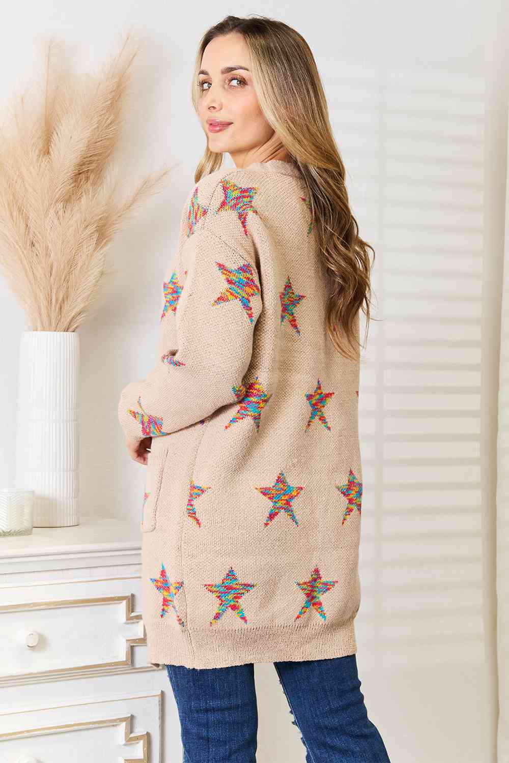 Double Take Star Pattern Open Front Longline Cardigan - The Beaucoup Home