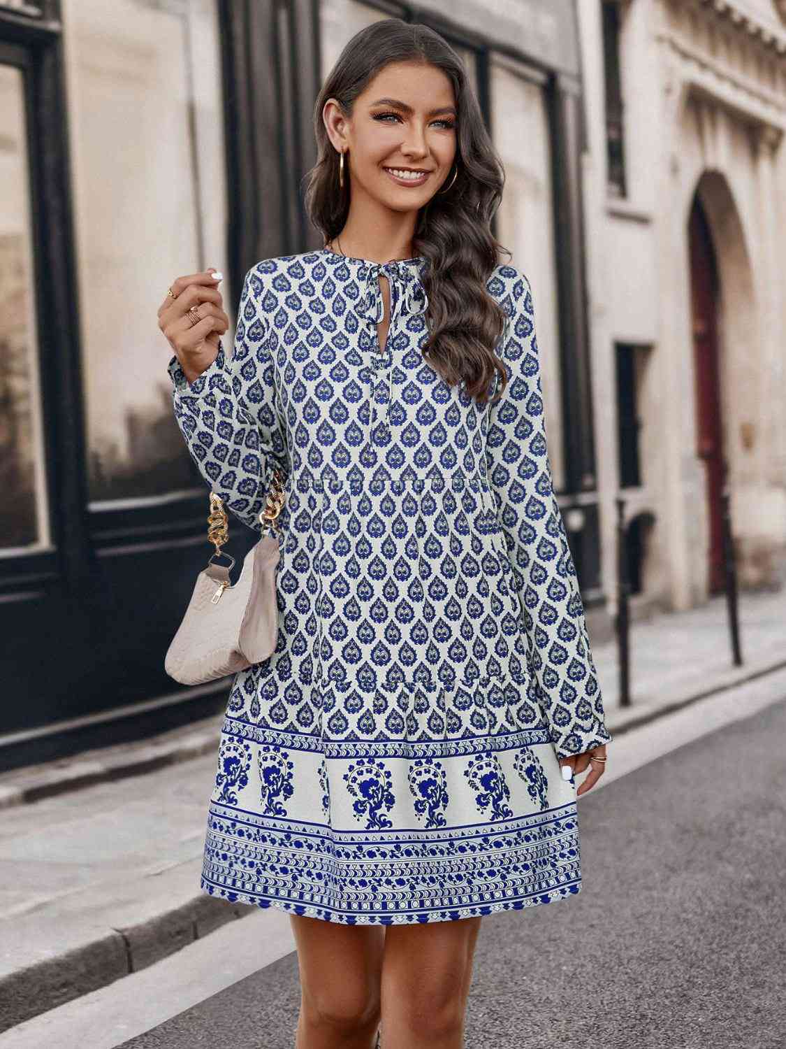 Printed Tie Neck Long Sleeve Dress - The Beaucoup Home