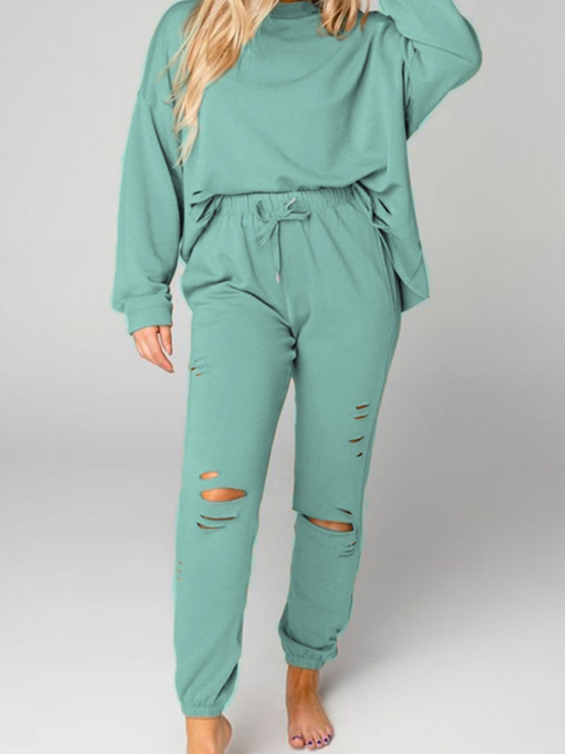 Distressed Sweatshirt and Joggers Set - The Beaucoup Home