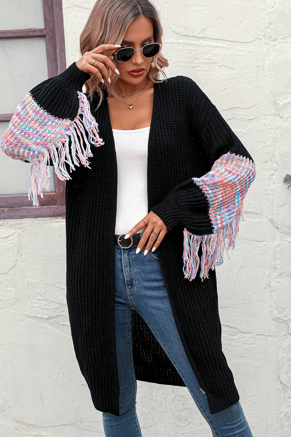 Fringe Sleeve Dropped Shoulder Cardigan - The Beaucoup Home