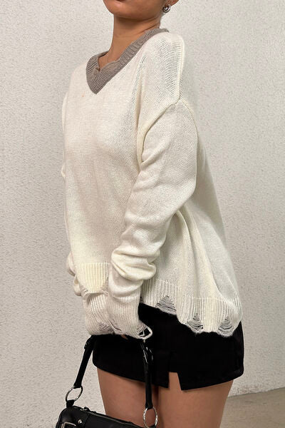 Distressed V-Neck Dropped Shoulder Sweater - The Beaucoup Home