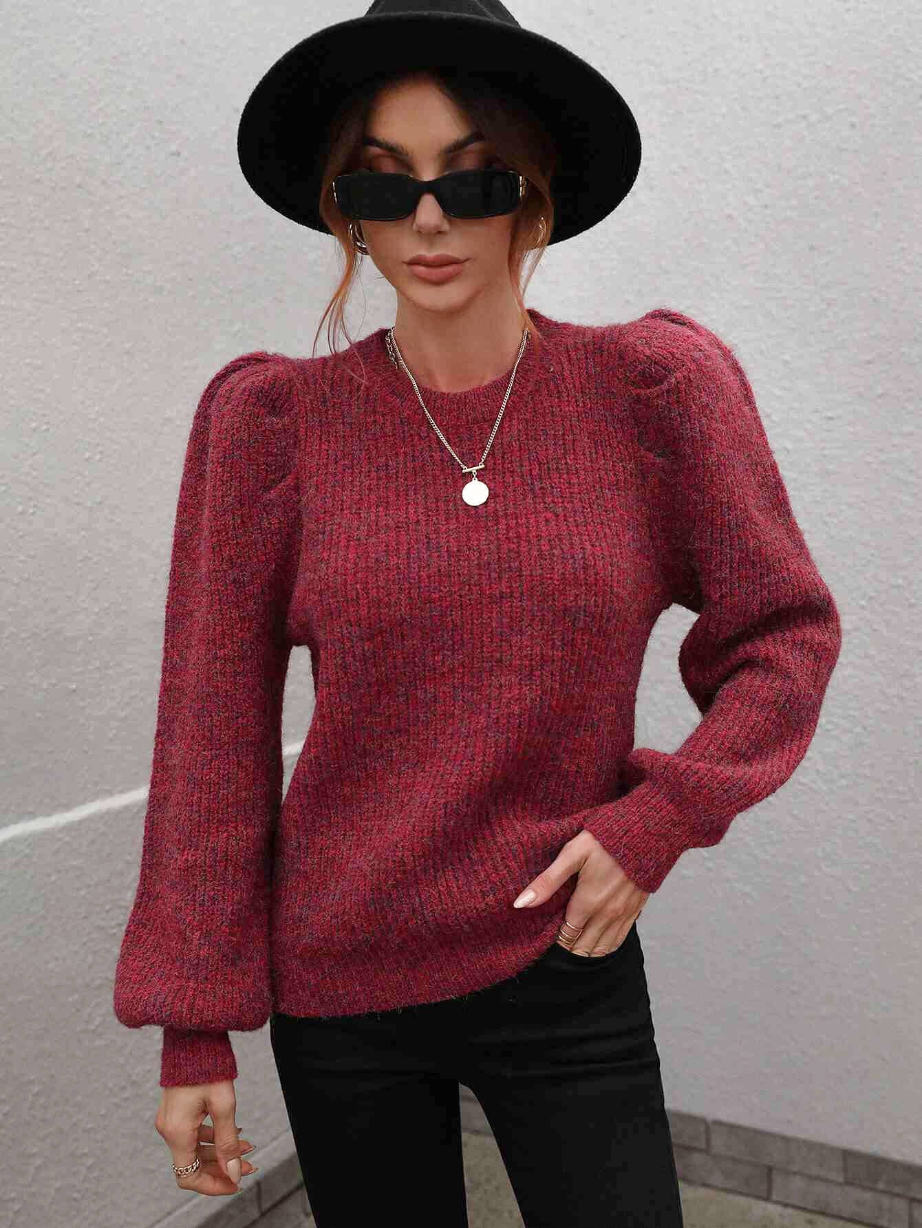 Woven Right Heathered Long Lantern Sleeve Rib-Knit Sweater - The Beaucoup Home