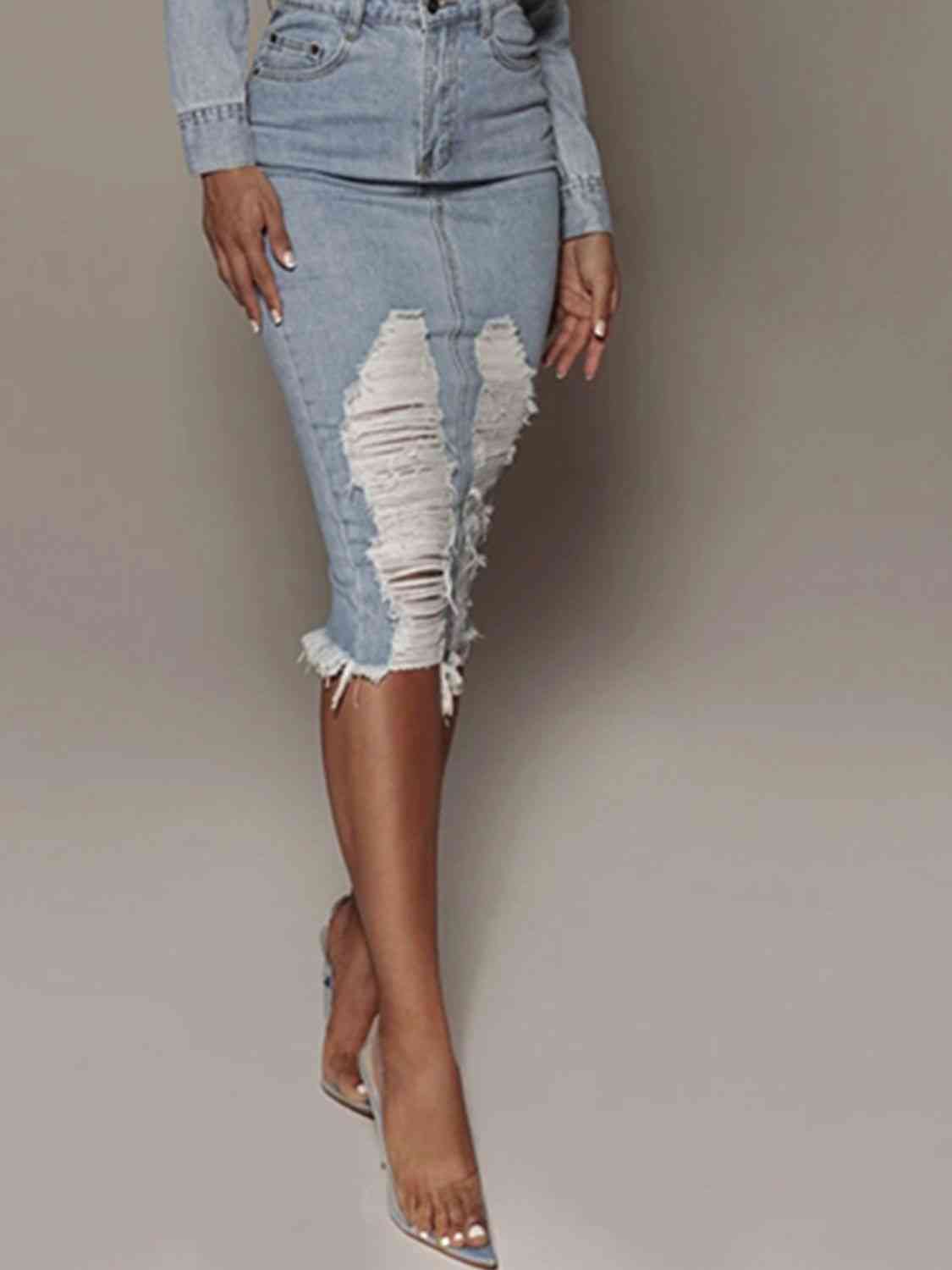 Distressed Slit Denim Skirt - The Beaucoup Home