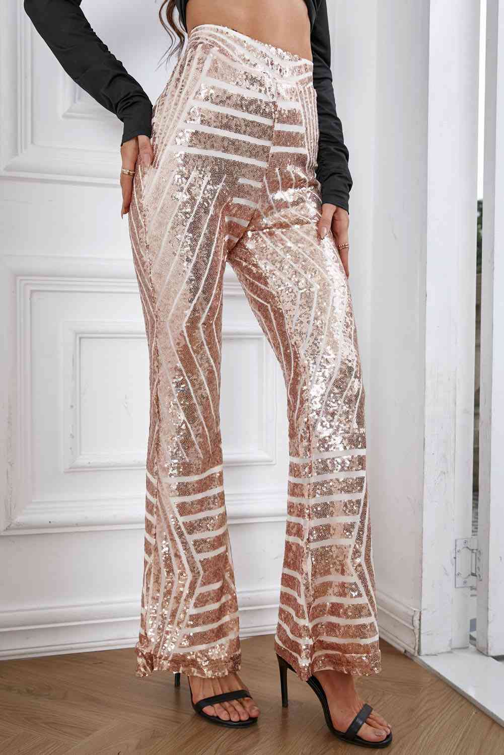 Double Take Sequin High Waist Flared Pants - The Beaucoup Home