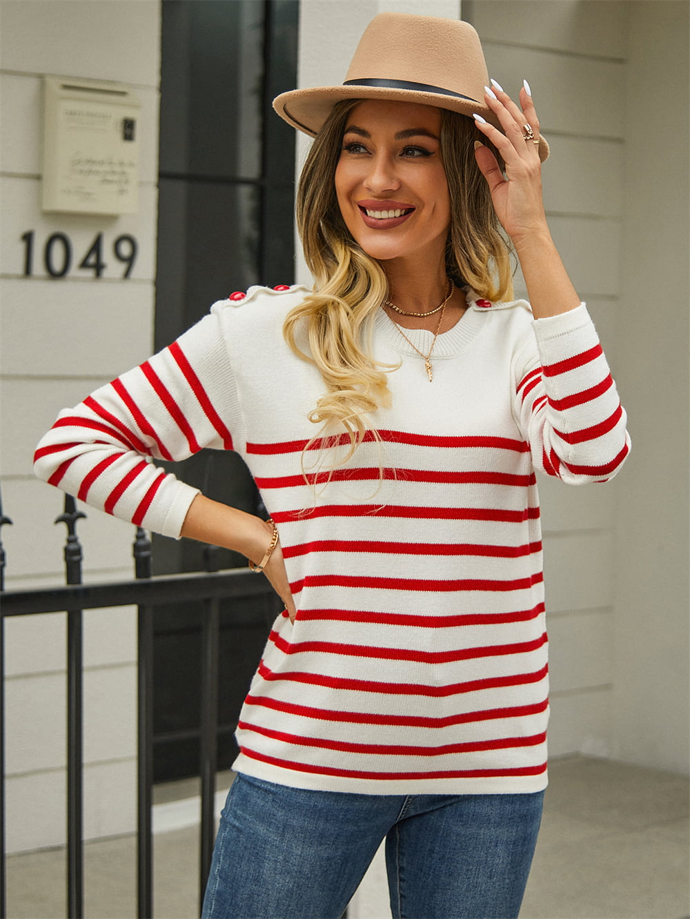 Round Neck Shoulder Button Striped Pullover Sweater - The Beaucoup Home