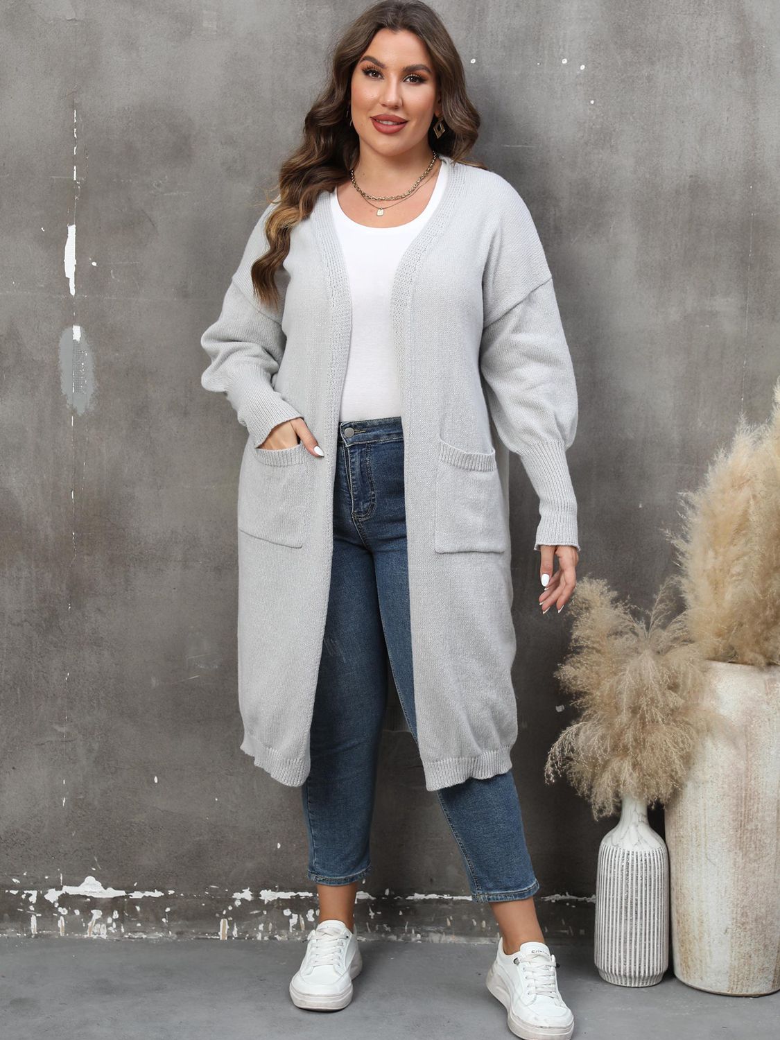 Plus Size Long Sleeve Pocketed Cardigan - The Beaucoup Home