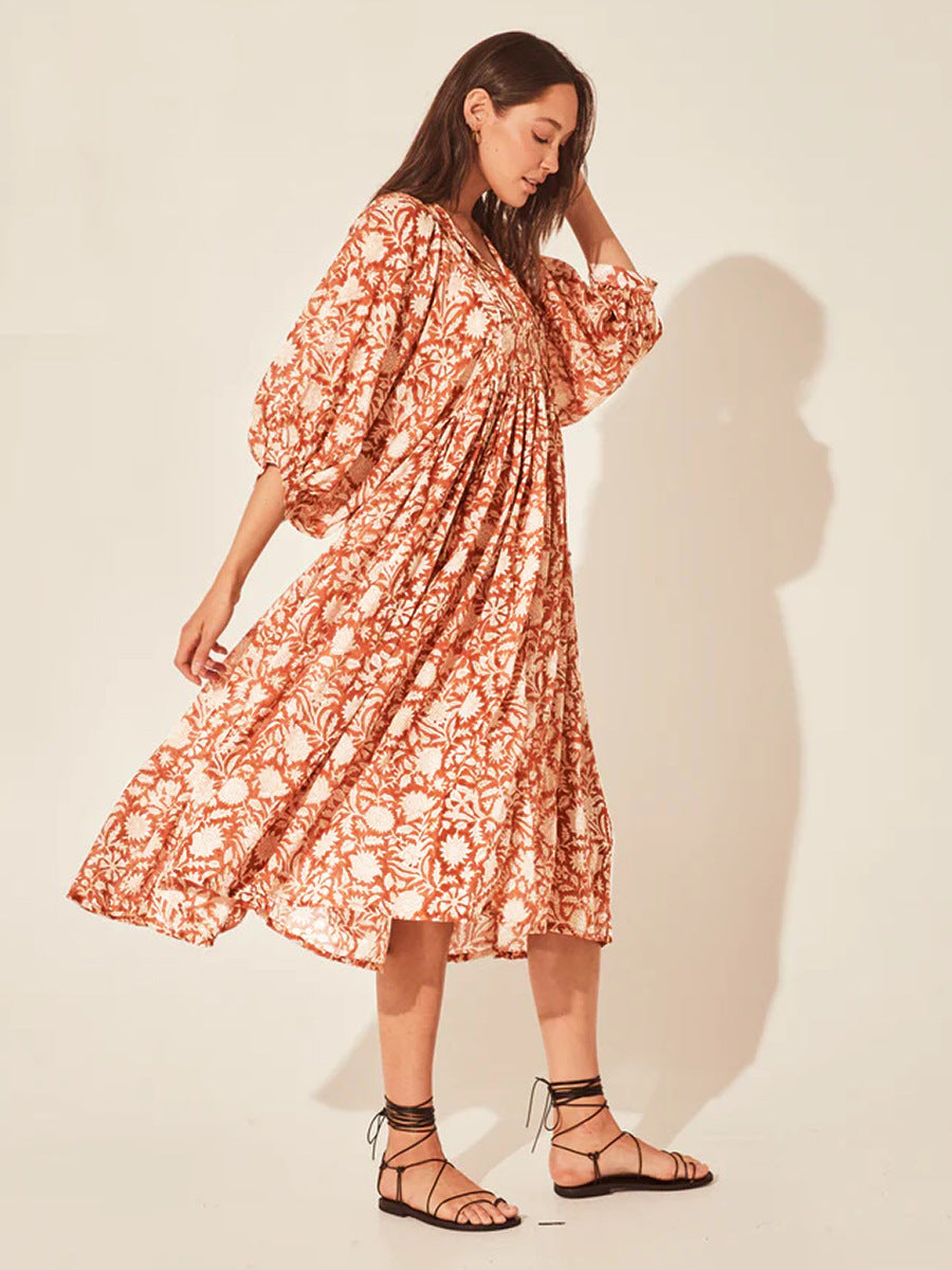 Floral Tie Neck Lantern Sleeve Dress - The Beaucoup Home