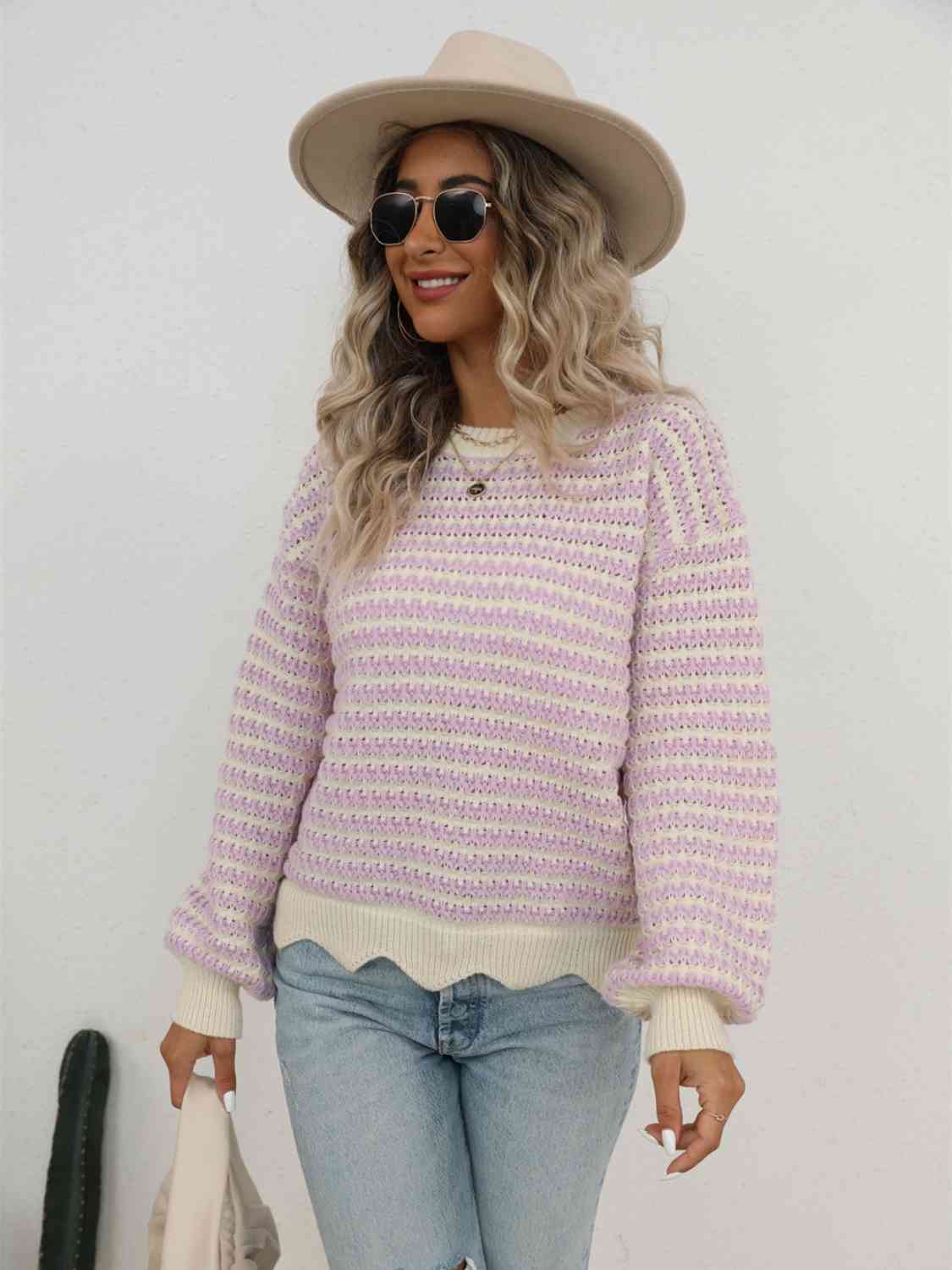 Striped Buttoned Round Neck Sweater - The Beaucoup Home