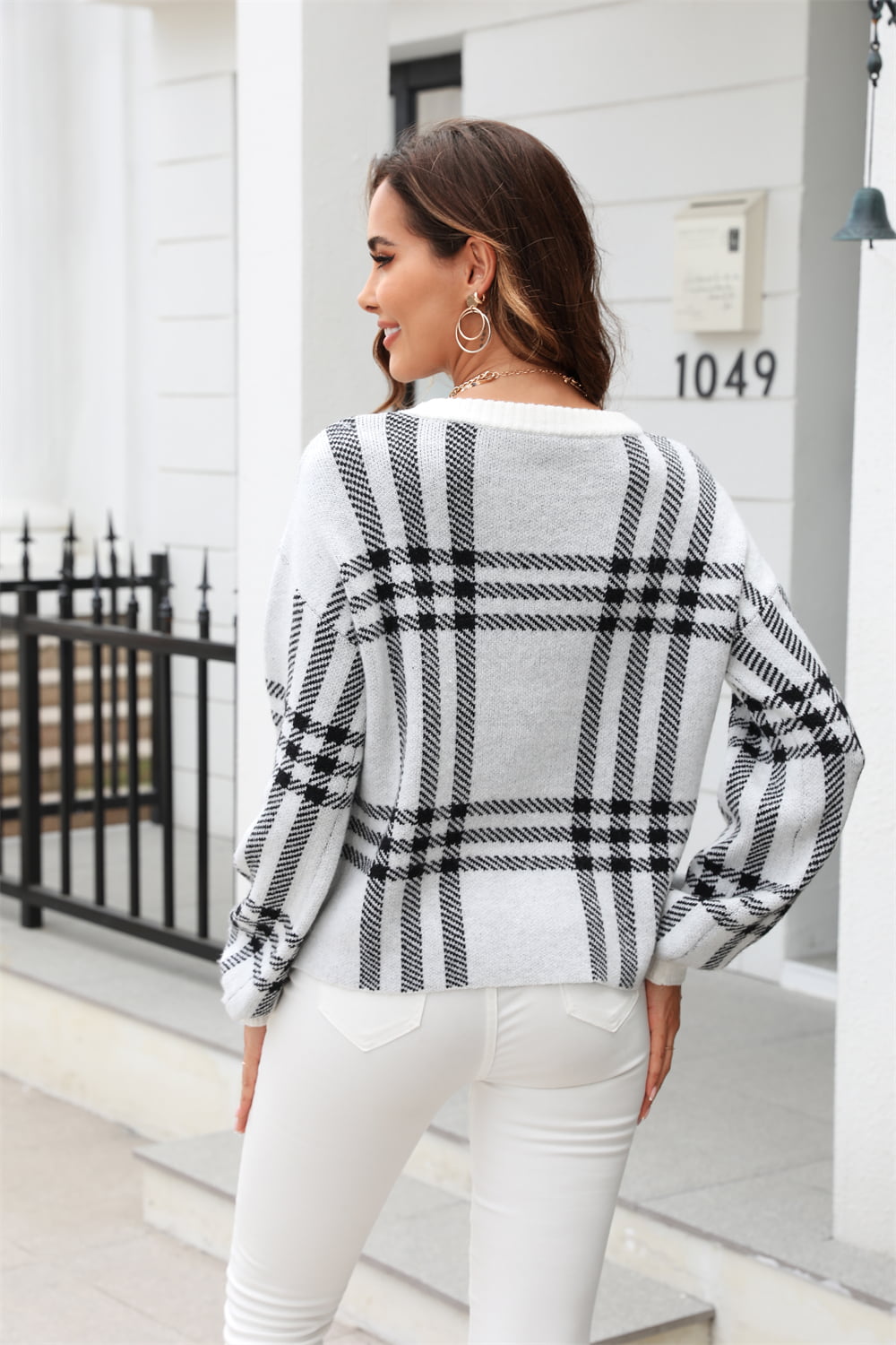 Printed Round Neck Dropped Shoulder Sweater - The Beaucoup Home