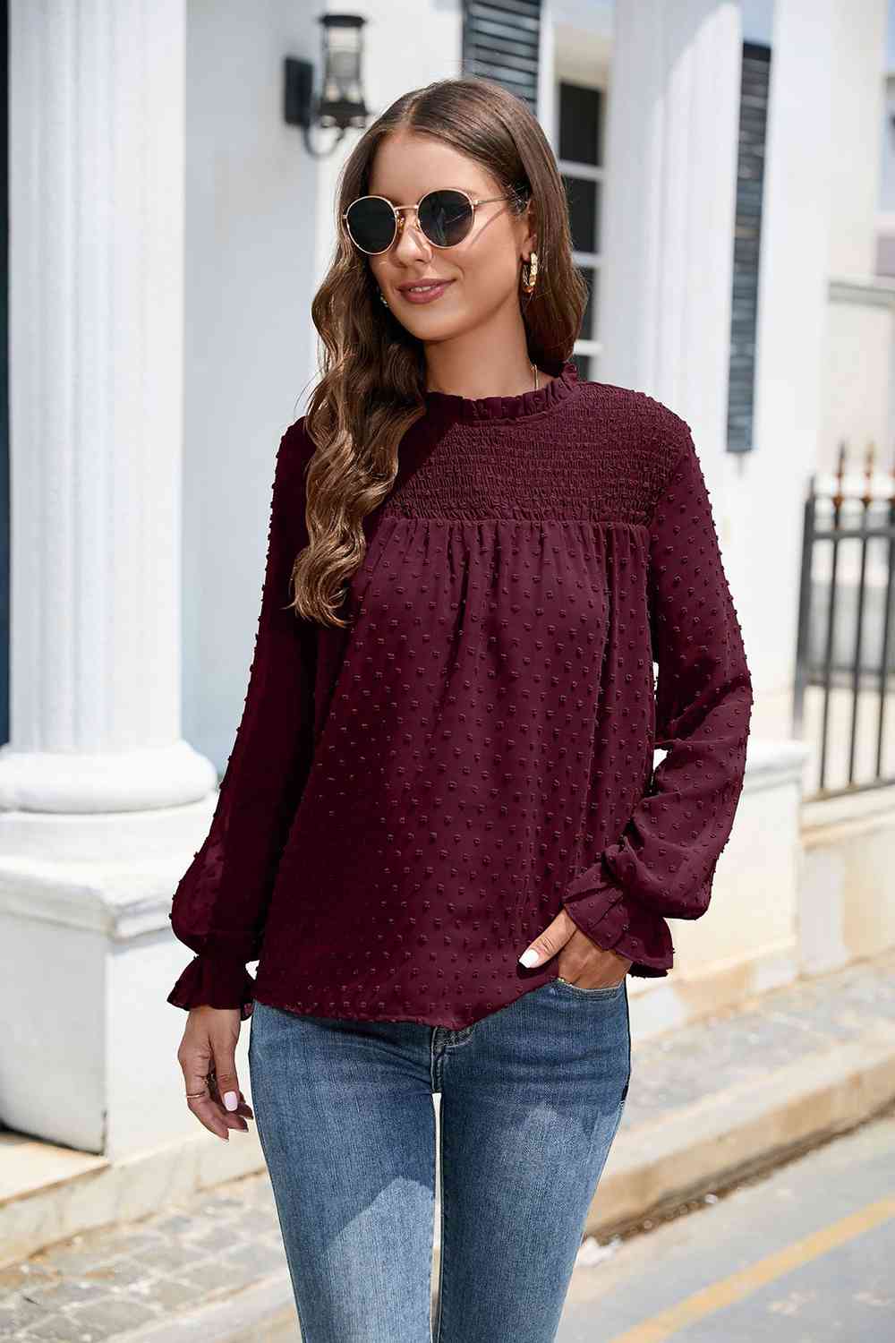 Smocked Mock Neck Swiss Dot Top - The Beaucoup Home