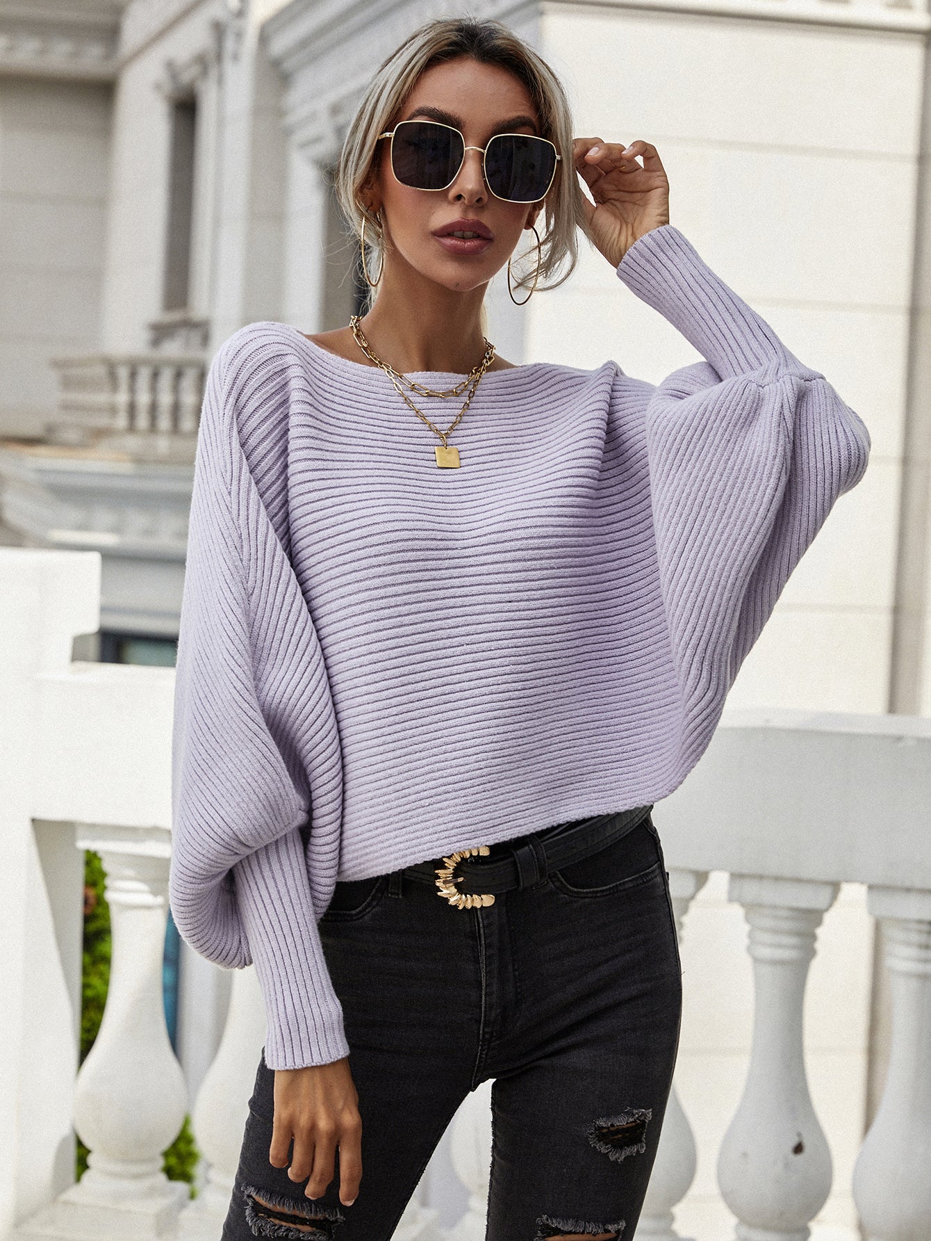 Horizontal Ribbing Dolman Sleeve Sweater - The Beaucoup Home